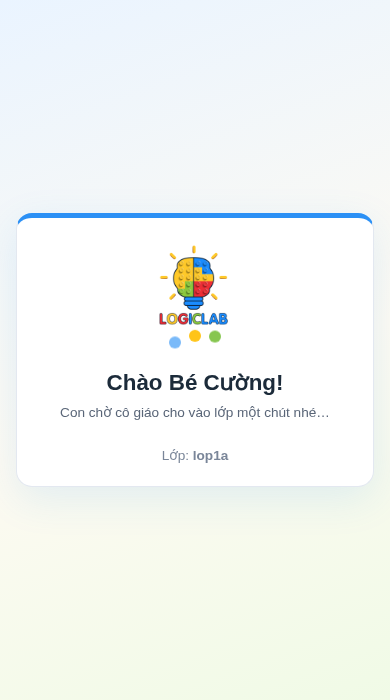 Màn hình điện thoại của học sinh sau khi quét thẻ riêng: Chào Cường! Vui lòng đợi giáo viên cho vào lớp, kèm mã lớp lop1a